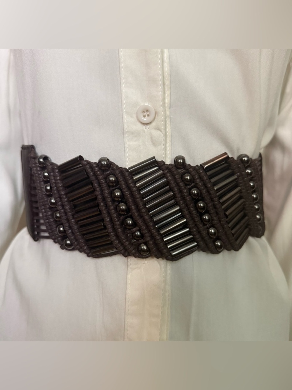 Elastic Brown Beaded Waist Belt with Tubular Accents